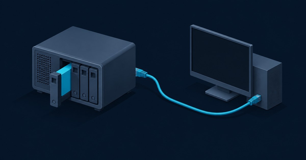 Four-bay NAS with one blue drive sled pulled out, linked by a blue Ethernet cable to a desktop tower and monitor on a dark navy background, showing an iSCSI setup